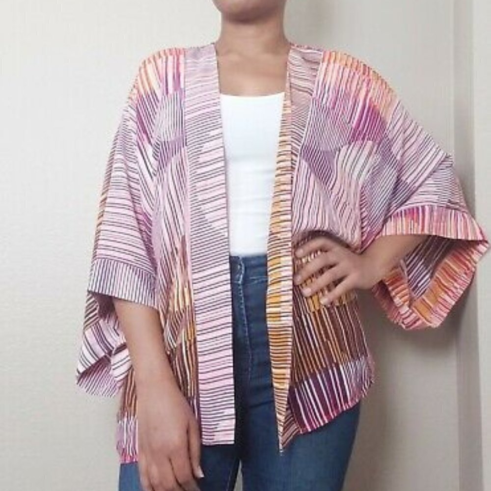 CABI #247 Kimono Open Front Stripped Cardigan Top M